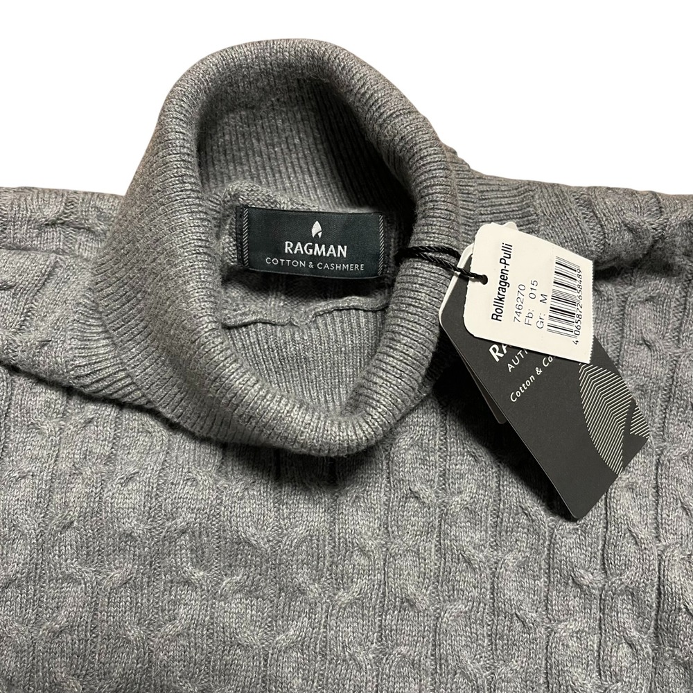 Ragman Mens Grey Cable Knit Turtleneck Sweater Cotton Cashmere Blend M-NWT - Picture 3 of 6